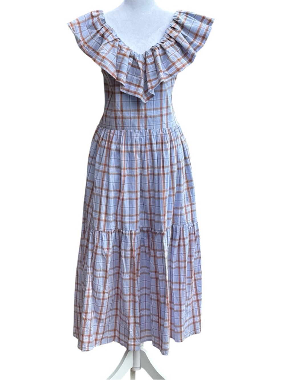NWT English Factory Plaid Ruffle Midi Dress in Light Blue and Tan size Small - Picture 6 of 14